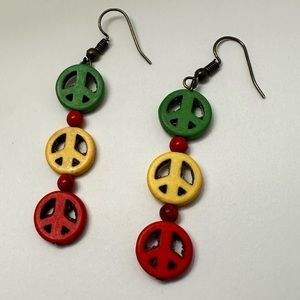 Handmade Bob Marley peace sign earrings with red turquoise accents